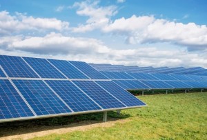 Solar Farm. Green Fields Blue Sky, Sustainable Renewable Energy.